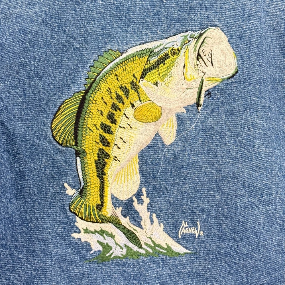 Vintage Boast USA Al Agnew Bass Fishing Denim Varsity Jacket 2XL Embroidered - Picture 3 of 10